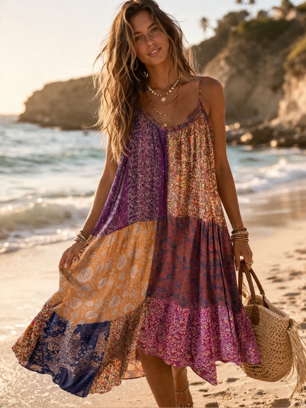 NATURAL LIFE Patchwork Maxi Dress in Purple, Gold, Navy